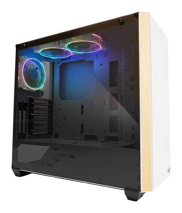 In-Win 216 mid tower chassis - White + wood-Grain finish , support 2x vertical graphics cards mount via optional riser kit , tool-less full-sized 3mm tempered glass side panel , no psu ( rear-bottom positioned chamber ) , support upto 380mm long card , 2x usb3.0 + audio in/out - 2x 3.5" + 3x 2.5" - 3x ARGB fan upto 6 fans with dust filter , support upto 360mm radiator - E-ATX with 7+ 2x vertical expansion cards