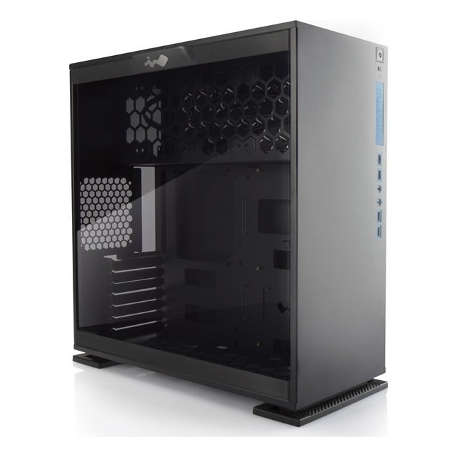 In-Win cf06 303 mid tower chassis - blacK with tool-less full-sized tempered glass side panel , neon LED logo+i/o panel on fronto panel , 1.2mm SECC , no psu ( rear-top positioned ) , dual chamber design for heat separation , support upto 350mm long card with VGA holder , bottom dust filter ; 2x front usb3.0 + 2x usb2.0 + audio in/out - 2/1x 3.5" + 1/3x 2.5" - upto 7x fans , support upto 2x 360mm radiators - ATX with 7x expansion cards