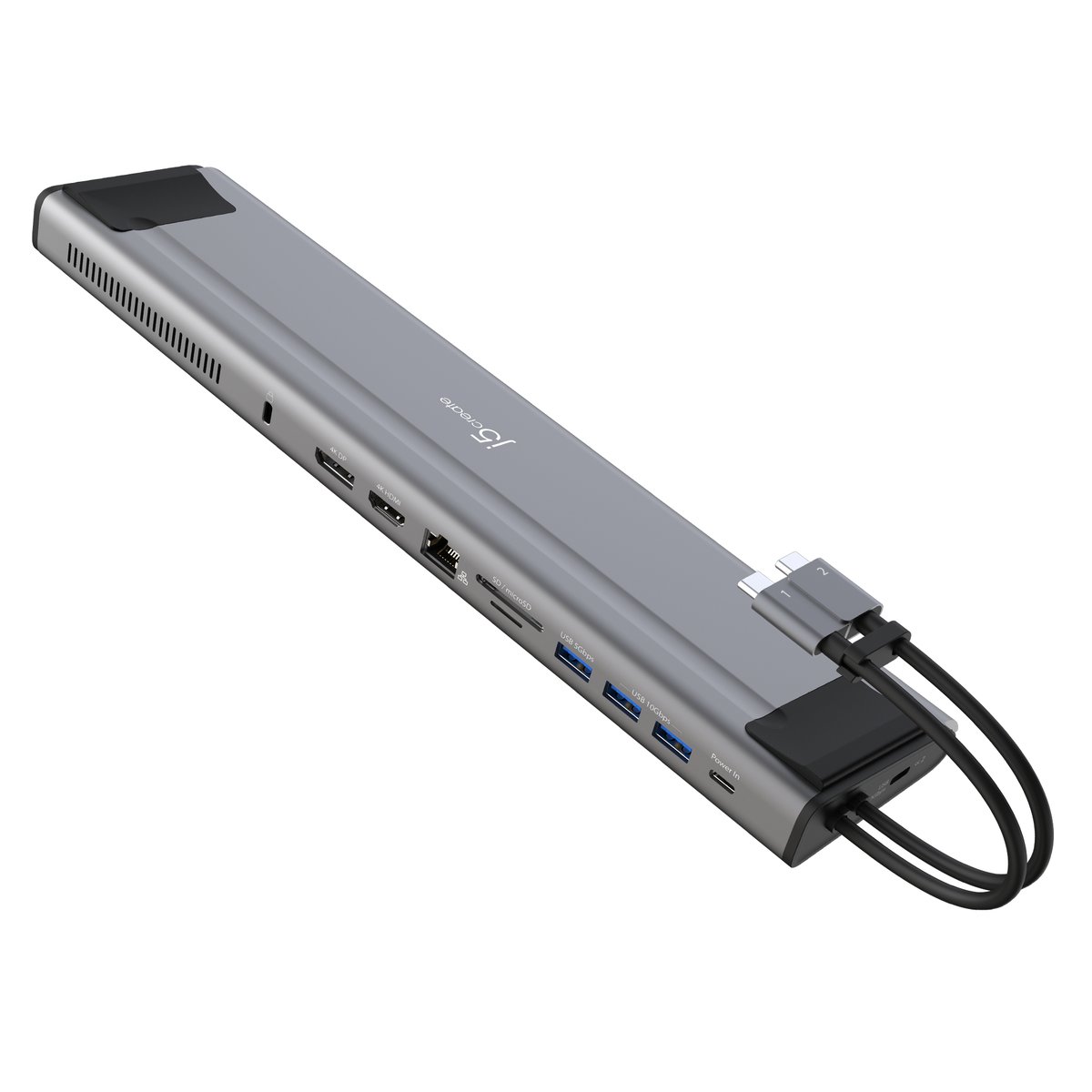 j5 Create JCD552 dual display 12-in-1 docking station with M.2 slot ( NVMe or SATA ) - USB3 Type-C ( Gen2/10GBPs ) universal docking station - power delivery 100W pass-through , with 4K HDMi ( upto 3840x2160@60Hz ) + 4K DisplayPort ( upto 3840x2160@60Hz ) + gigabit lan + 1x USB3 Type-A ( Gen1/5GBPs ) + 2x USB3 Type-A ( Gen2/10GBPs ) + 2x USB3.0 Type-C ( Gen2/10GBPs ) downstream hub with fast charge port , 318x80x26mm slim size ; for windows or MACbook Pro / MACbook Air ( dual type-C connectors )