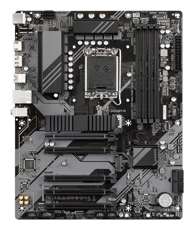 Gigabyte B760 DS3H Ddr5 : all-in-one LGA1700 alder lake mb - with 8+2+1 phase digital VRM , hybrid core optimization , Addressable LED Strip Support , on-board buttons ( reset + Q-flash ) , 2x copper PCBs design , SmartFan6 with 6x temperature sensors + 6x hybrid fan headers , solid pin power connectors ( ATX 8pin )- intel B760 chipset , 4x dual channel DDR5-7600(O.C)/4800 with XMP3.0 support upto 128Gb , 4x SATA6G + 2x Gen4x4 M.2/NGFF ( PCIe or SATA or Optane mode ) with raid 0/1/0+1/5/10 , on-board display with HDMi+ DP dual outputs ( depends on CPU ) + Realtek 7.1 HD audio + optical s/pdif out + Realtek 8118 gigabit lan ; 5x PCi-Ex16 ( Gen4@16x+1x+1x+1x+1x ) , with 1x USB3 type-C ( Gen2x2 20GBPs ) + 1x USB3 ( Gen2 10GBPs ) + 4x USB2.0 , support optional serial port add-on cable , bundled norton internet security - atx