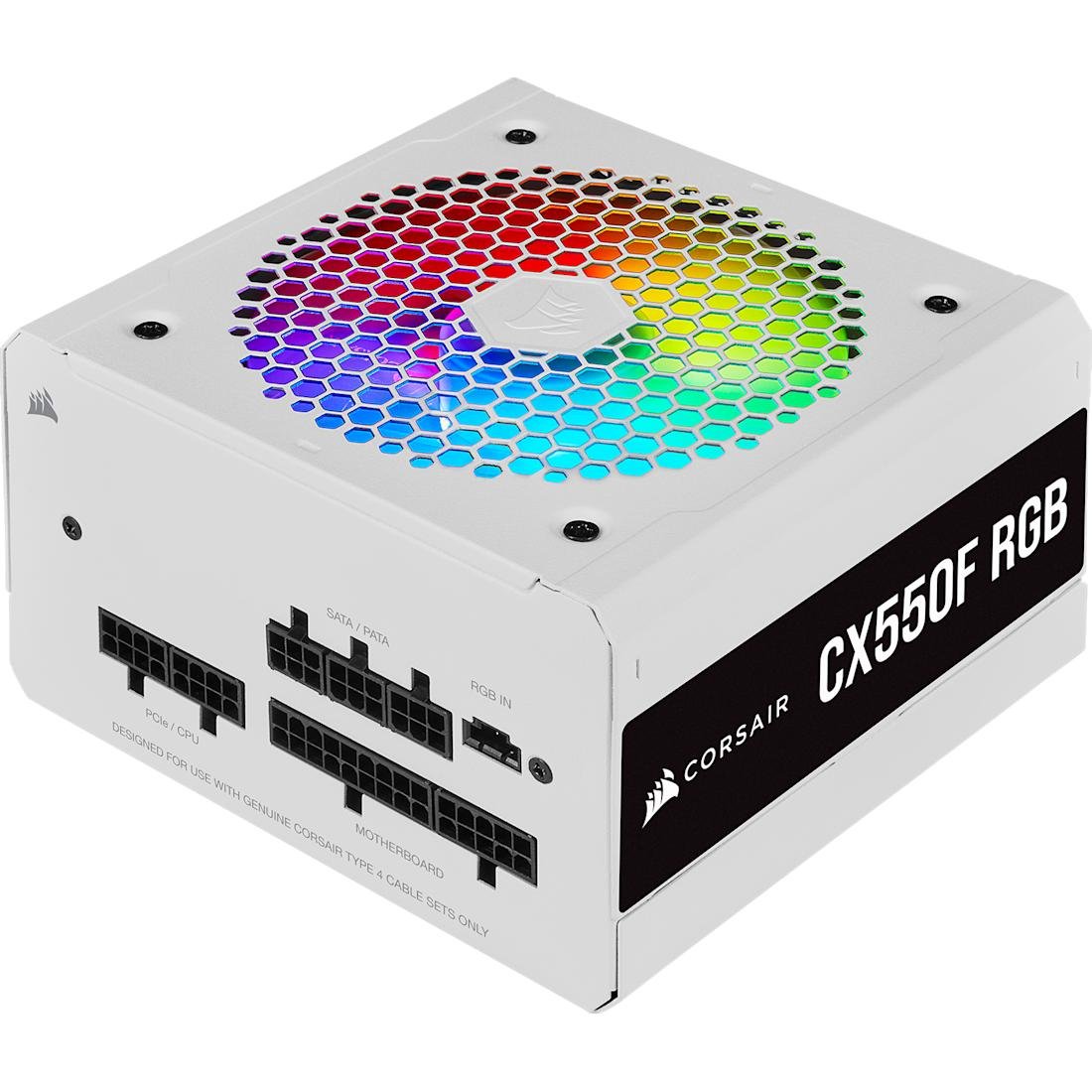 Corsair CP-9020225 CX550F Full Mudular+RGB , White - with all Japanese 105C capacitors , 8x full modular cable management ( all detachable + flat cable system ) , Eps12V , ATX 12V V2.3 - 550w , 80PLUS bronze certified for energy saving , 24pin ( 4pin detachable ) , with active-PFC , 2x8pin (2+6) PCI-E power , 1x 120mm RGB fan with 8x LEDs + control button , 7x SATA + 4x 4pin molex - 5 years warranty - no power cord