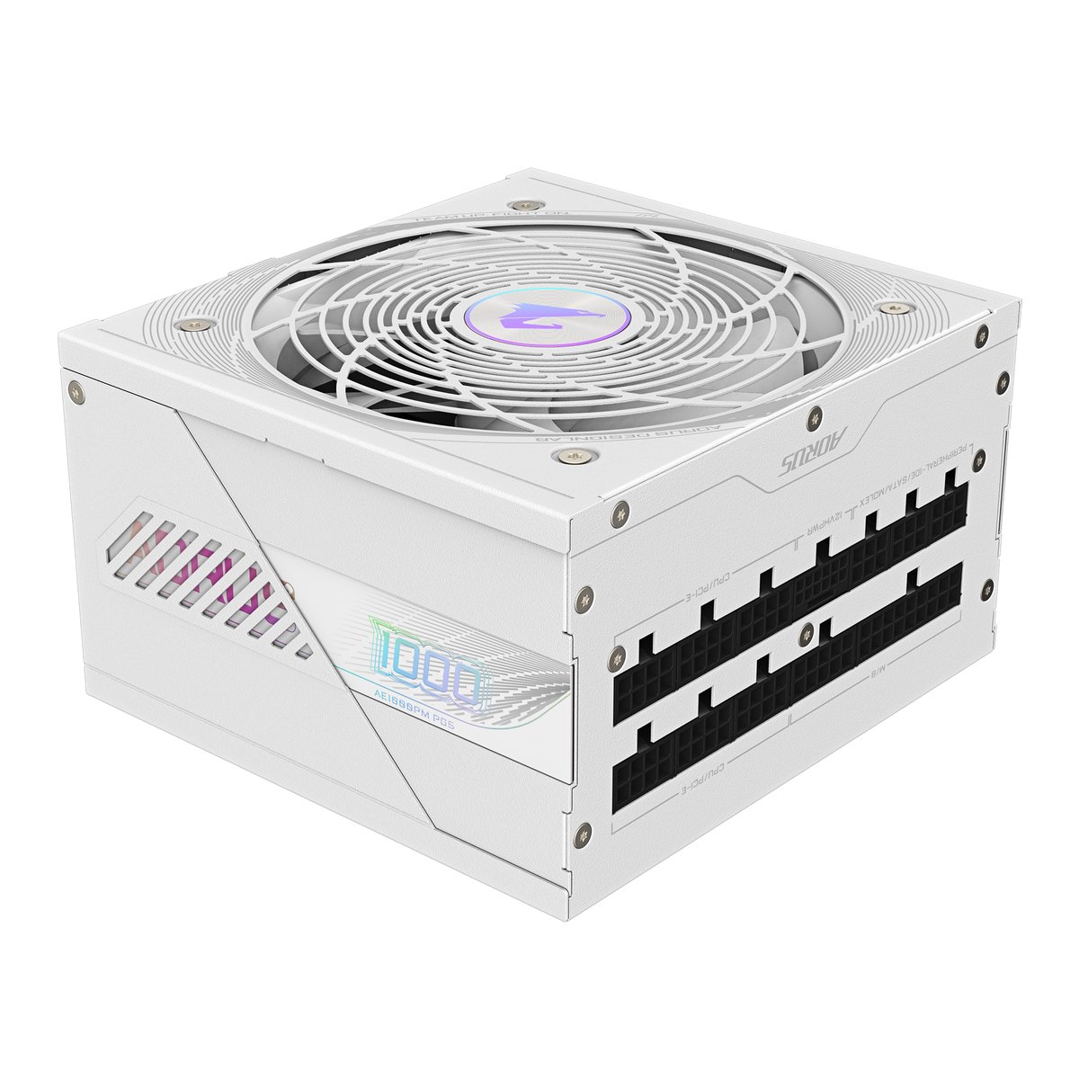 Gigabyte GP-AE1000PM PG5 ICE 1000w 80plus Platinum Modular Pci-e Gen 5 White - 12x full Modular cable management ( all detachable + flat cable system ) , Intel ATX 12V v3.1 - 24pin ( 4pin detachable ) , 2x EPS12V , 1x 16pin PCI-E Gen5.1 Power , 6x 8pin (2+6) PCI-E power , 8x SATA + 4x 4pin molex, flat all black cable design , 120mm FDB fan ( Fluid Dynamic Bearing ) - with OCP / OVP / UVP / OPP / SCP / OTP protections , with 100% Japanese Capacitors , 5 years warranty - no power cord
