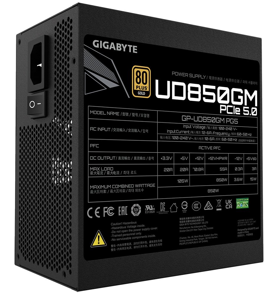 Gigabyte GP-UD850GM PG5 850w 80plus Gold Modular Pci-e Gen 5 - 9x full Modular cable management ( all detachable + flat cable system ) , Intel ATX 12V v3.1 - 24pin ( 4pin detachable ) , 2x EPS12V , 1x 16pin PCI-E Gen5.1 Power , 4x 8pin (2+6) PCI-E power , 8x SATA + 3x 4pin molex , flat all black cable design , 120mm HYB fan ( HYdraulic Bearing ) - with OCP / OVP / UVP / OPP / SCP / OTP protections , with 100% Japanese Capacitors , 5 years warranty - no power cord