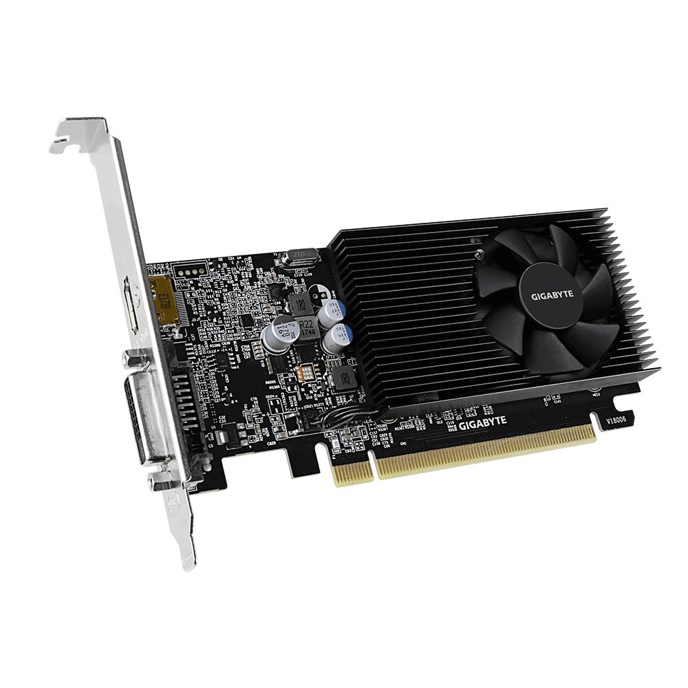Gigabyte GV-N1030D4-2GL - gt1030 with extra Low-profile bracket - 1x 60mm fans , 14nm , Pci-E 3.0 16x , 2Gb 64bit DDR4 , RoPs : 16 , 640 cuda cores , 0.14mb L1 + 0.5mb L2 cache , 24 GPexels/Sec , 35 GTexels/Sec , 1762 GFLoPS , 24x TMUs , core clock : 1151/1417 mhz ; memory : 2100 mhz , 1x HDMi + 1x DVi