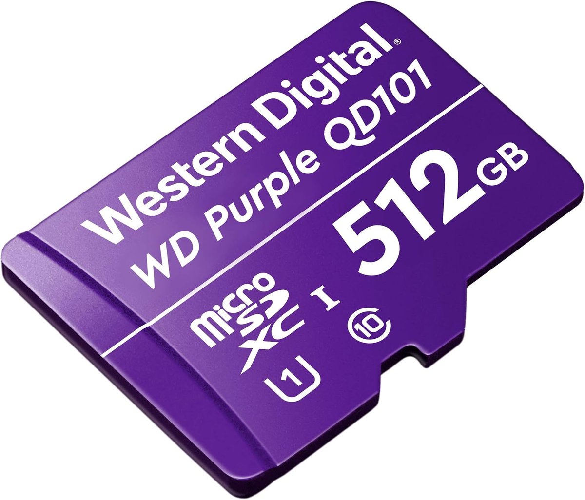 WesternDigital miCrosdXc Purple WDD512G1P0C QD101 512Gb ( no SD adapter ) , Endurance series designed for video recording / NVR , supports -25C to 85C temperature range , 15x11x1mm , UHS-i U1 ( UHS-i / SD3.0 ) , class10 - 3 years warranty with 256 TBW , retail pack