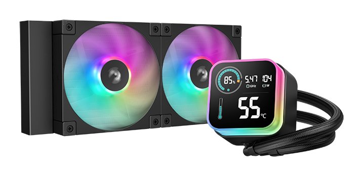 DeepCool LQ240BK A-RGB All-In-One CPU Liquid Cooler With Real-Time System Status Digital Display, Built-On Optimized 5 PRO Gen Pump And Dual DF12 120mm PWM Fans, Max TDP 280W - Black Colou