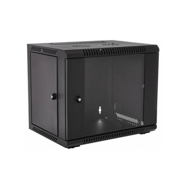 RCT Cabinet RCT 9U AP Pre-coated black wall mount cabinet 2x uprights 2x glands + Screws; 450mm GLASS DOOR.