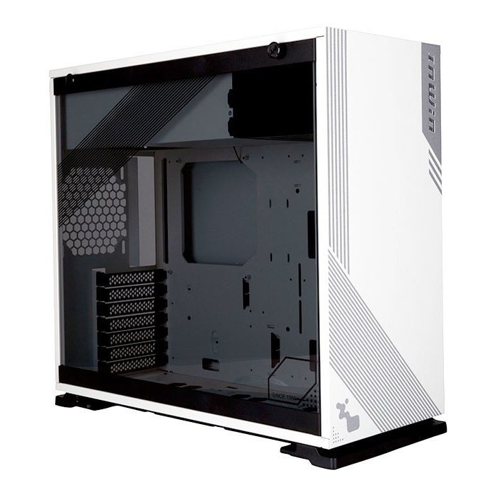 In-Win 103 mid tower chassis - White with tool-less full-sized 3mm tempered glass side panel + RGB logo in front panel , no psu ( rear-top positioned chamber ) , support upto 421mm long card , graphics card holder for extra weight support , bottom removable dust filter ; 2x usb3.0 + audio in/out - 2x 3.5" + 4x 2.5" - upto 6 fans with dust filter , support upto 360mm radiator - ATX with 7x expansion cards