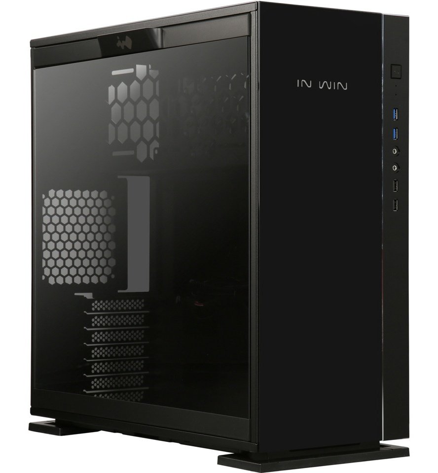 In-Win 305 mid tower chassis - blacK with aluminum finish , tool-less full-sized tempered glass side panel , neon LED logo+i/o panel on fronto panel , 1.2mm SECC , no psu ( rear-top positioned ) , dual chamber design for heat separation , support upto 350mm long card with VGA holder , bottom dust filter ; 2x front usb3.0 + 2x usb2.0 + audio in/out - 2/1x 3.5" + 1/3x 2.5" - upto 7x fans , support upto 2x 360mm radiators - ATX with 7x expansion cards