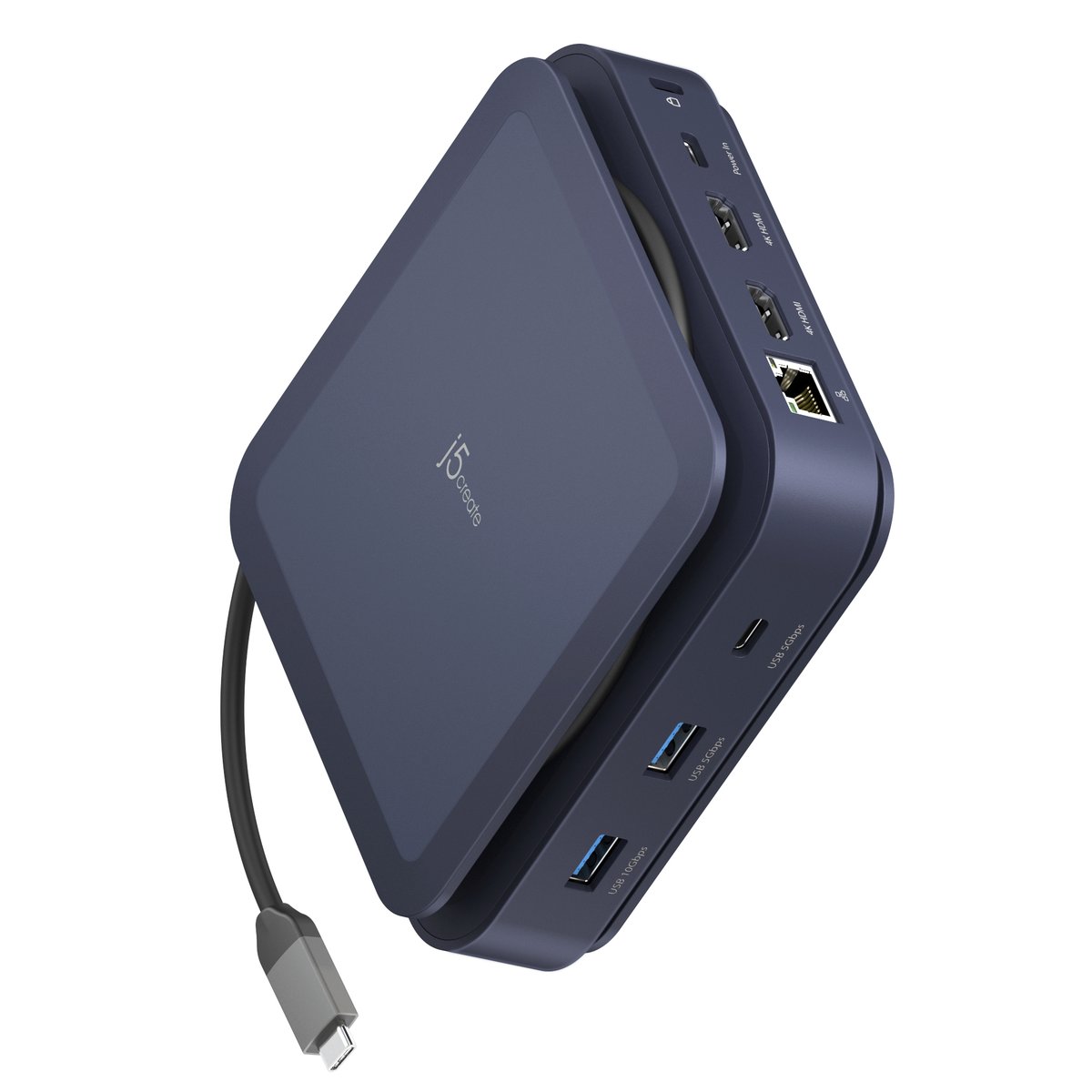 J5 JCD3196 USB-C docking station, 2x HDMI 4K @ 60Hz, USB-A 3.0, USB-C PD 100W, Gigabit Ethernet, compact design
