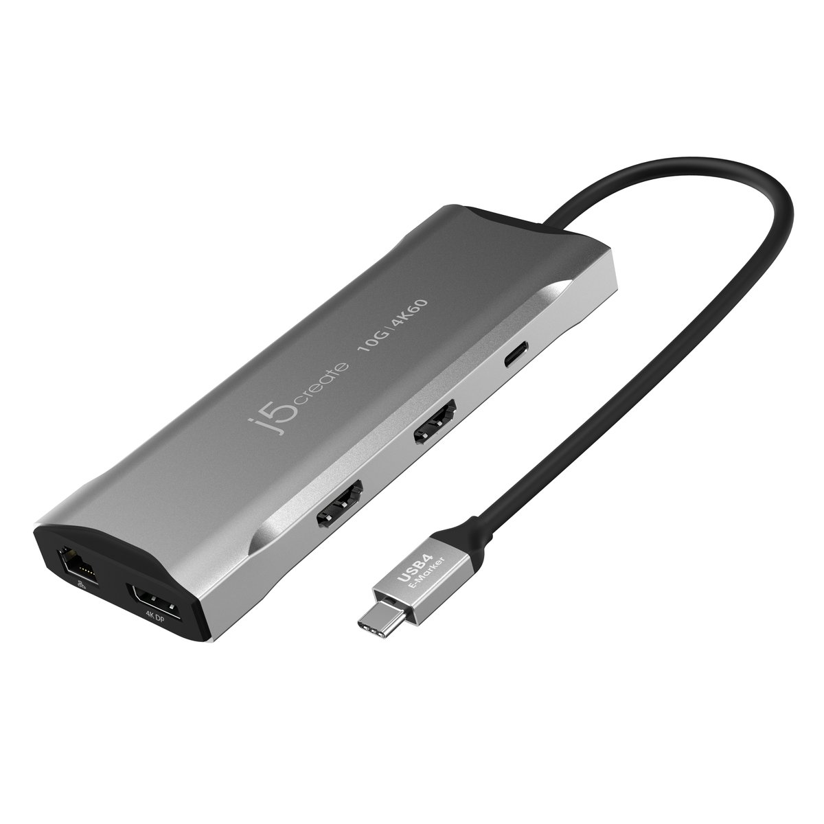 j5 Create JCD397 4K60 Elite Triple-Monitor mini dock - USB3 Type-C ( Gen2/10GBPs ) 11-in-1 universal docking station , integrated E-mark iC usb4//Thunderbolt3/Thunderbolt4 , with 2x HDMi ( 3840x2160@60Hz or 2560x1440@120Hz or 1920x1080@144Hz ) + 4K DisplayPort + gigabit Lan + 2x USB3 type-C with 100w PD3.0 + 2x USB3 type-A ( Gen2/10GBPS ) + dual card readers ( SDXC + miCroSDXC ) ; for windows or MAC , 148x55x17mm + 200mm cable , aluminum housing