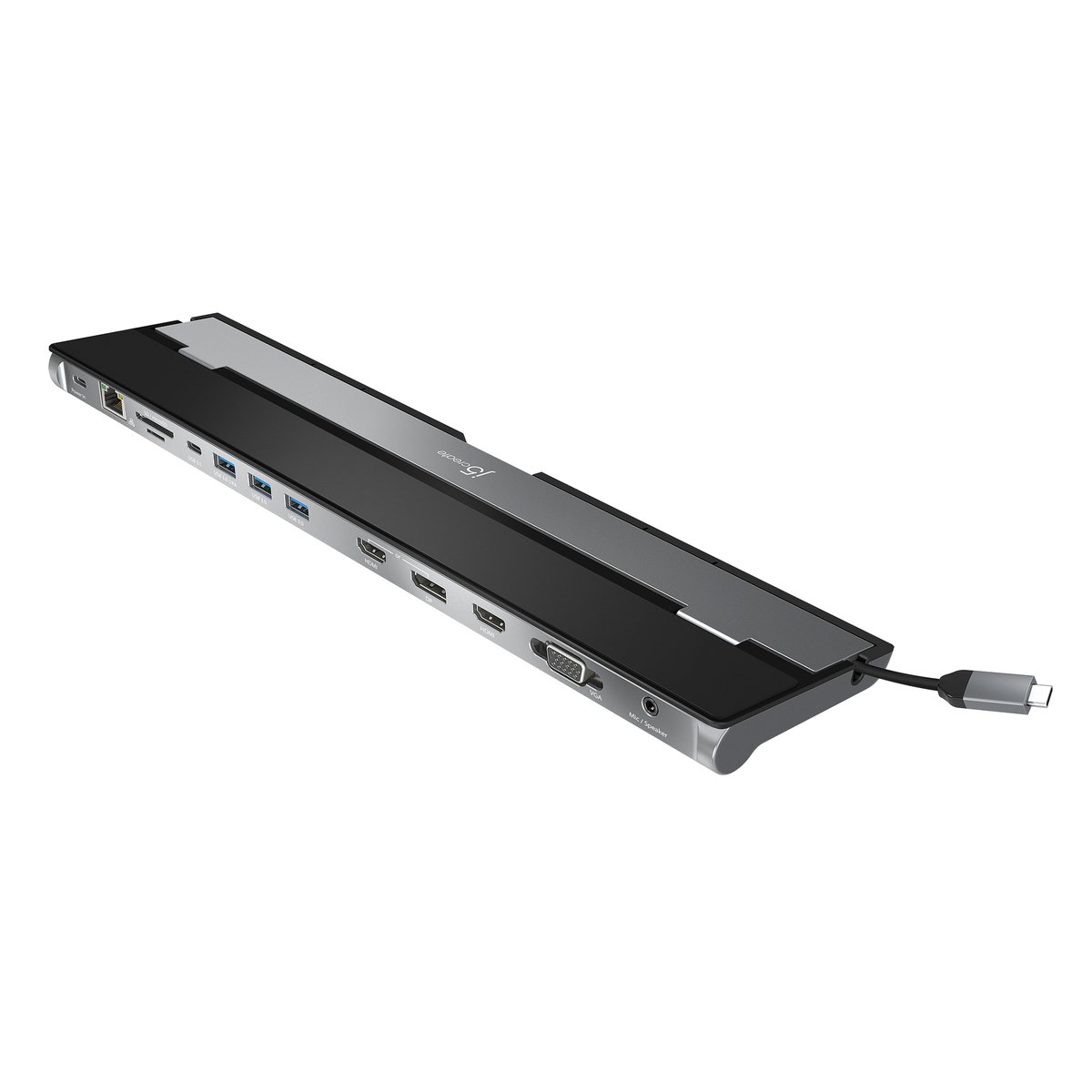 j5 Create JCD543 triple display docking station - USB3.0 Type-C ( Gen1/5GBPs ) universal docking station - power delivery 100W pass-through , with 4K HDMi ( upto 3840x2160@30Hz or 1920x1080@60Hz ) + 4K HDMI/DisplayPort + D-sub + gigabit lan + 3x USB 3.0 Type-A + 2x USB3.0 Type-C downstream hub with fast charge port + 3.5mm audio in/out , 350x83x23mm slim size , support optional JUP2290 type-C charger ; for windows or MAC