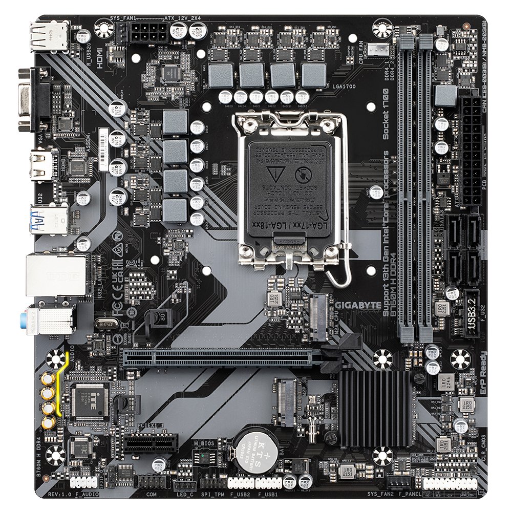Gigabyte B760M H Ddr4 : all-in-one LGA1700 alder lake mb - with 6+1+1 phase digital VRM , hybrid core optimization , Addressable LED Strip Support , on-board buttons ( reset + Q-flash ) , 2x copper PCBs design , SmartFan6 with 4x temperature sensors + 3x hybrid fan headers , solid pin power connectors ( ATX 8pin )- intel B760 chipset , 2x dual channel DDR4-5333(O.C)/3200 with XMP3.0 support upto 64Gb , 4x SATA6G + 2x Gen4x4 M.2/NGFF ( PCIe or SATA or Optane mode ) with raid 0/1/0+1/5/10 , on-board display with D-SUB+ HDMi dual outputs ( depends on CPU ) + Realtek 7.1 HD audio + optical s/pdif out + Realtek RTL8111H gigabit lan ; 1x pci-e(1x) , 1x PCi-Ex16 ( Gen4@16x ) , with 4x USB3 ( Gen1 5GBPs ) + 2x USB2.0 , support optional serial port add-on cable , bundled norton internet security - micro-atx