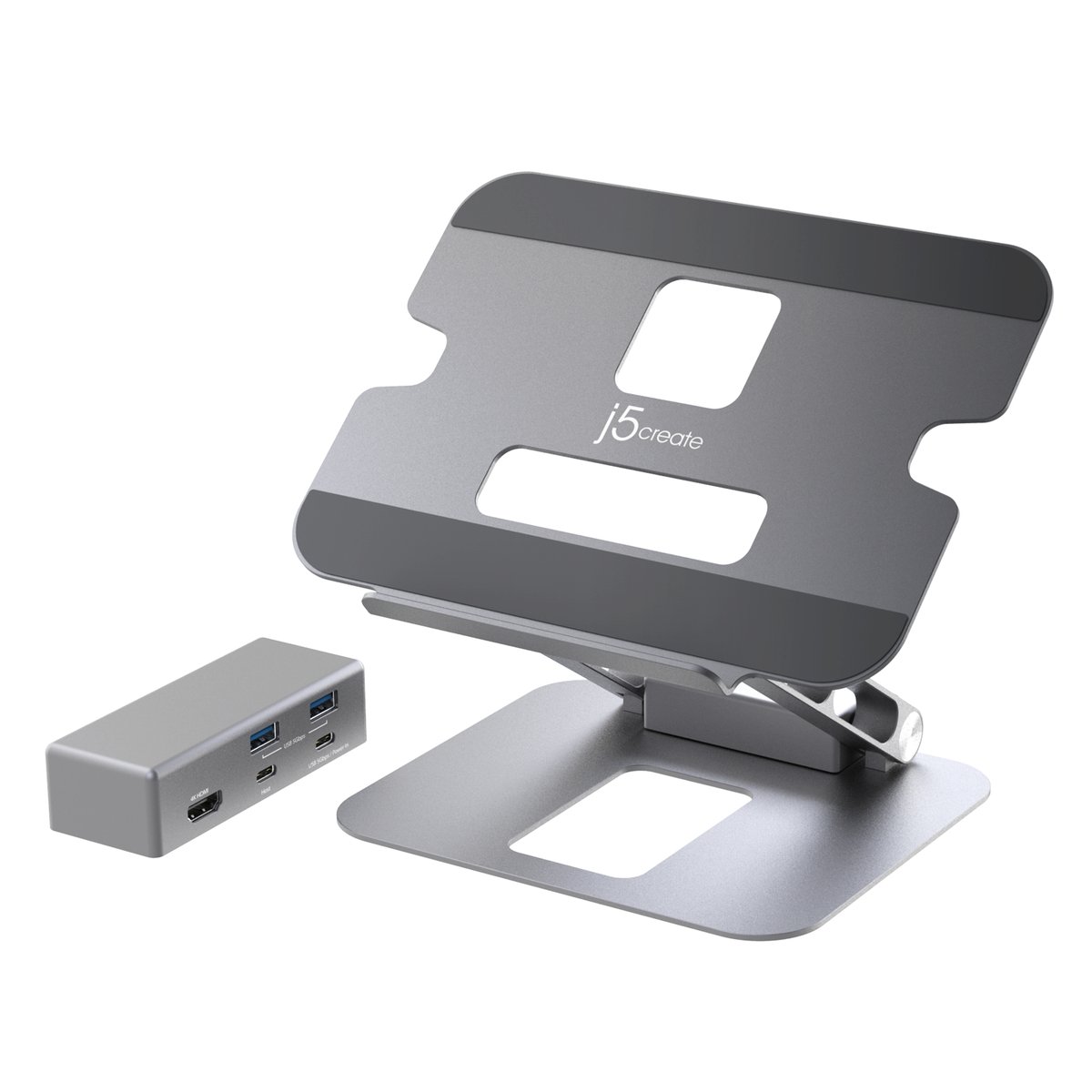 J5create JTS327 multi-angle mobile stand with mini dock , upto 4Kg 16" notebook - aluminum construction , adjustable angle and height , foldable design , with magnetic attached type-C mini dock ( 2x type-A + 1x type-C with 100W PD + 4K HDMi )