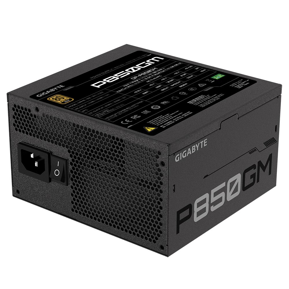 Gigabyte gp-p850GM / gp-ud850GM 850w 80plus Gold Modular - 10x full Modular cable management ( all detachable + flat cable system ) , Eps12V- 24pin ( 4pin detachable ) , 2x EPS12V , 4x 8pin (2+6) PCI-E power , 8x SATA + 1x 4pin molex , mesh braided cable design , 120mm HYB fan ( HYdraulic Bearing ) - with OCP / OVP / UVP / OPP / SCP / OTP protections , with Japanese Capacitors , 5 years warranty - no power cord