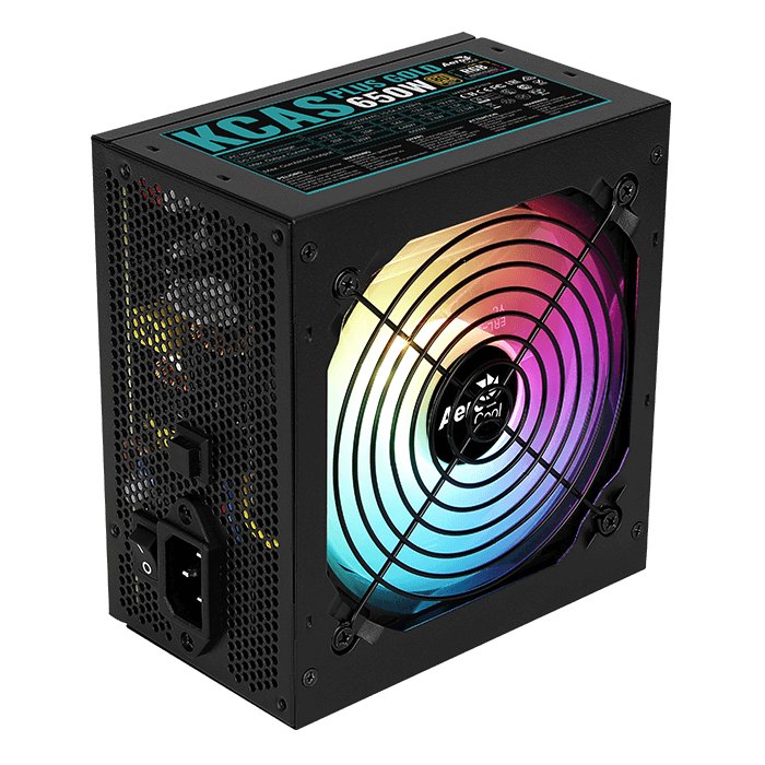Aerocool KCAS PLUS Gold 650W RGB PSU - ATX 24 PIN; 2x 4+4PIN CPU; 6x SATA; 3x PATA; 2x PCIe 6+2PIN.