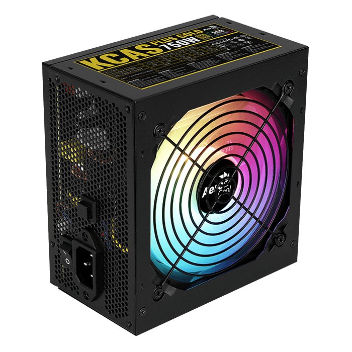 Aerocool KCAS PLUS Gold750W RGB PSU - ATX 24 PIN; 2x 4+4PIN CPU; 8x SATA; 4x PATA; 3x PCIe 6+2PIN.