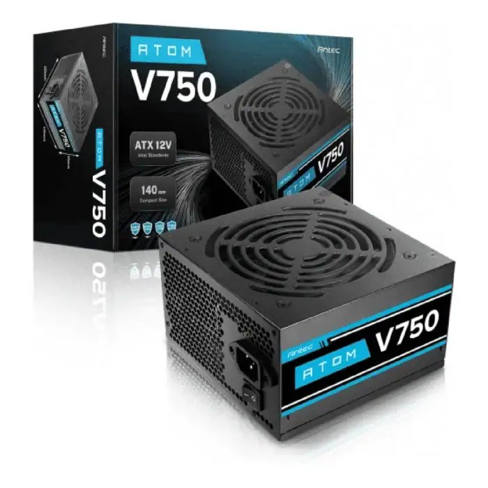 Antec ATOM V750 Atom V750 750w - 24pin ( 4pin detachable ) , 1x EPS12V , 2x 8pin (2+6) PCI-E power , 5x SATA + 2x 4pin molex + 1x FDD , 120mm Silent fan - with OPP / OVP / SCP / NLO protections , 2 years warranty - no power cord
