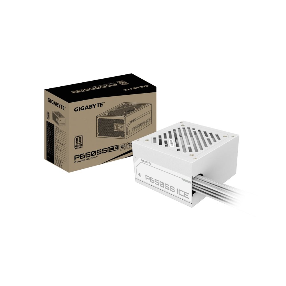 Gigabyte GP-P650SS ICE 650w 80plus Silver (ICE White) - Intel ATX 12V v3.0 (ATX3.1 compatible) - 24pin ( 4pin detachable ) , 2x EPS12V , 2x 8pin (2+6) PCI-E power , 5x SATA + 3x 4pin molex, flat all white cable design , 120mm FDB fan ( Fluid Dynamic Bearing ) - with OCP / OVP / UVP / OPP / SCP / OTP protections , 3 years warranty - no power cord