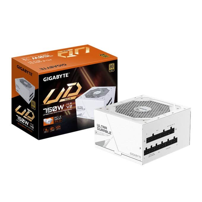 Gigabyte UD750GM Pro Gen5 750W fully modular 80+ Gold PSU with PCIe Gen5 12VHPWR support and enhanced efficiency.
