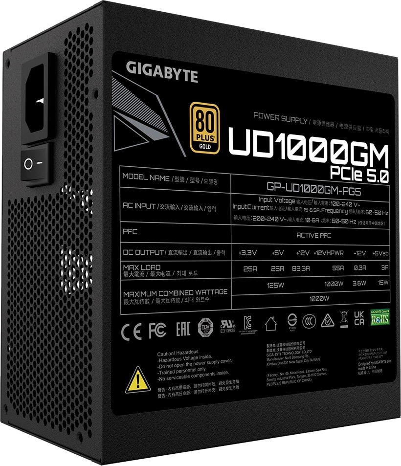 Gigabyte UD1000GM Pro Gen5 1000W fully modular 80+ Gold PSU with PCIe Gen5 12VHPWR support and highefficiency power delivery.