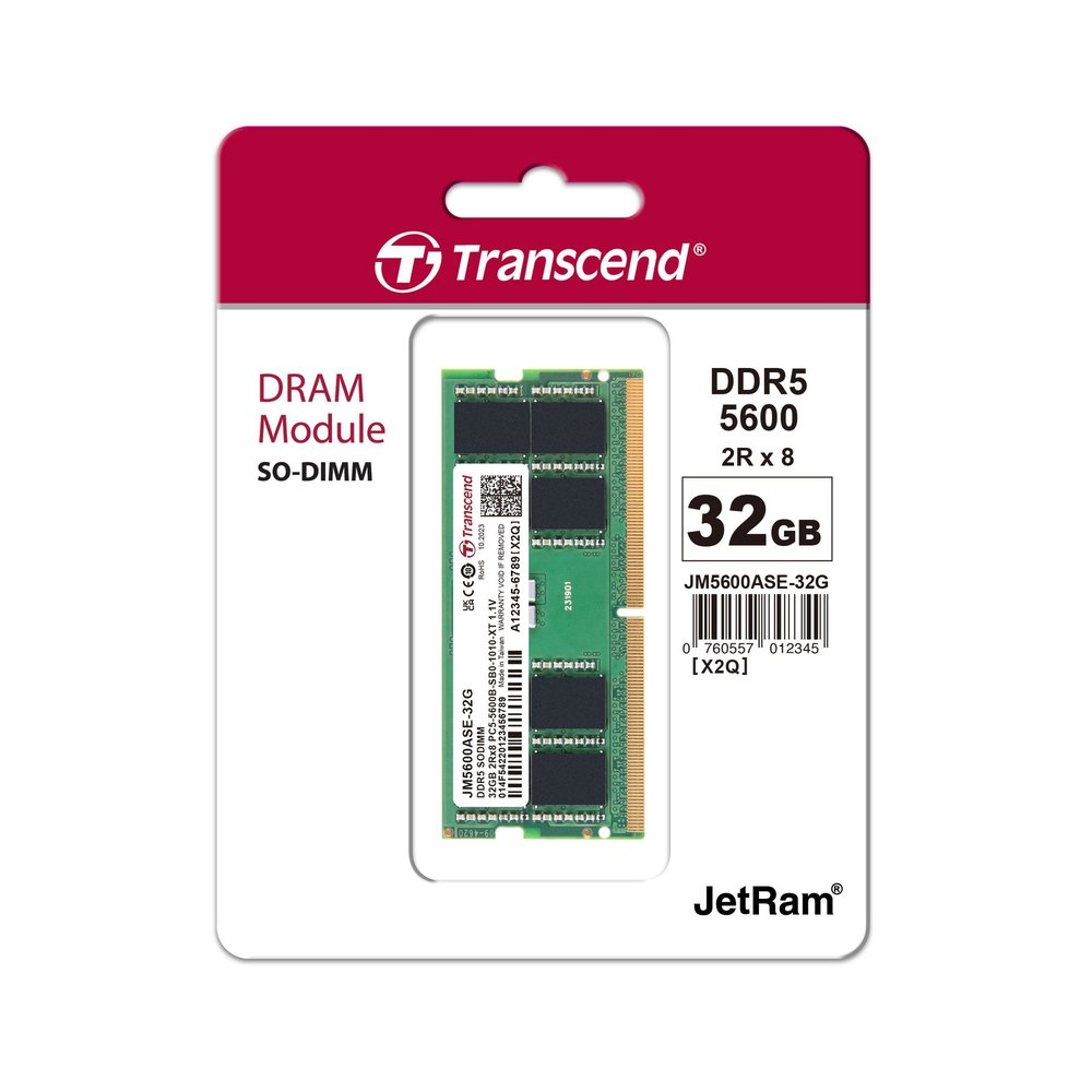TRANSCEND JET MEMORY 32GB DDR5-5600 Unbuffered NOTEBOOK SO-DIMM 2RX8 CL46 (2Gx8)x16