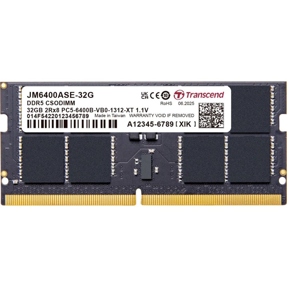TRANSCEND JET MEMORY 32GB DDR5-6400 Unbuffered NOTEBOOK SO-DIMM 2RX8 CL52 (2Gx8)x16