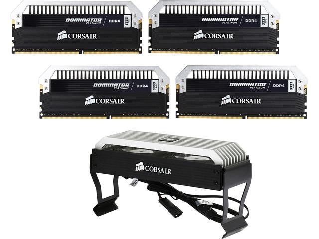 Corsair CMD64GX4M4B3333C16 dominator Platinum + 2x Fan ( Corsair CMDAF Dominator Airflow Platinum LED memory cooler ) , with DHX technology + with white LED light bar + DHX Pro / corsair link , with 8-layer PCB , 16Gb x 4 kit - support Intel XMP ( eXtreme Memory Profiles ) , Ddr4-3333 ( pc4-26600) , CL16 , 1.35v - 288pin - lifetime warranty