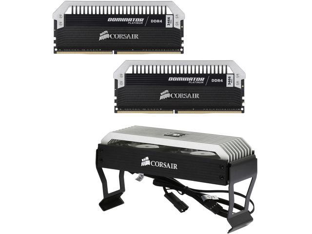 Corsair CMD32GX4M2B3466C16 dominator Platinum + 1x Fan ( Corsair CMDAF Dominator Airflow Platinum LED memory cooler ) , with DHX technology + with white LED light bar + DHX Pro / corsair link , with 8-layer PCB , 16Gb x 2 kit - support Intel XMP ( eXtreme Memory Profiles ) , Ddr4-3466 ( pc4-27666) , CL16 , 1.35v - 288pin - lifetime warranty