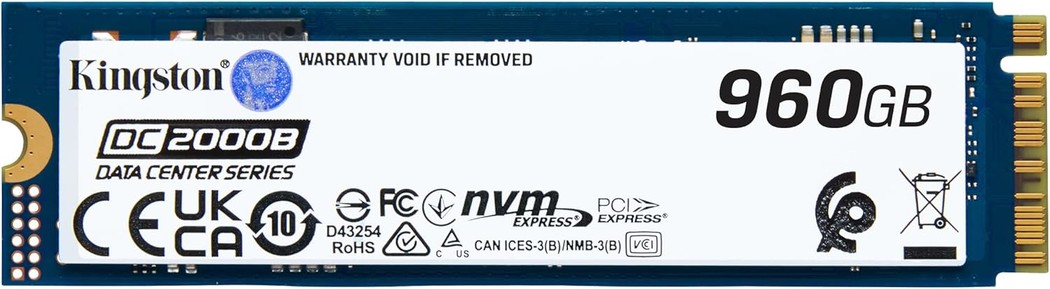 Kingston 960GB DC2000B Enterprise M.2 SSD - 3D TLC NAND , PCIe Gen4 x4 NVMe , M.2 2280 (22x80x8.3mm) , Phison E18DC controller with hardware-based power loss protection , Sequential R/W: 7000/1300MB/s , Random 4K R/W: 540000/47000 ioPS , TBW: 700TB , DWPD: 0.4 , MTBF: 2M hrs , 5-Year Warranty