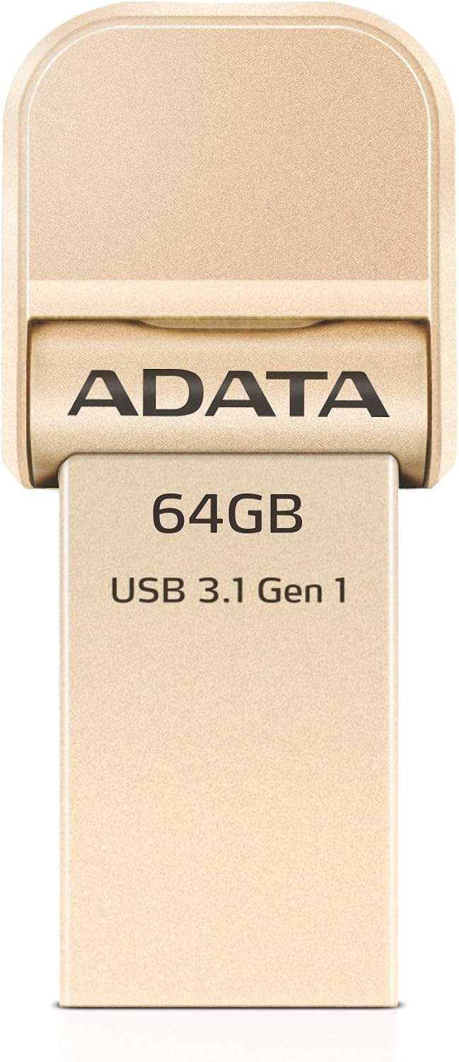 Adata i-memory flash drive Ai920-64G-CGD 64Gb Gold - USB3 + Apple certified MFi lightning dual-connectors flash drive for iOS/MAC/PC , COB design with mini-size ( 37.8x16.9x6.9mm ) , dust and water resistant , support Ultra HD 4K video playback + Apple AirPlay ; read/write : 150/50 mb/sec , Lightning read/write : 30/20 mb/sec , with iOS/MAC/PC backup software -2 years warranty