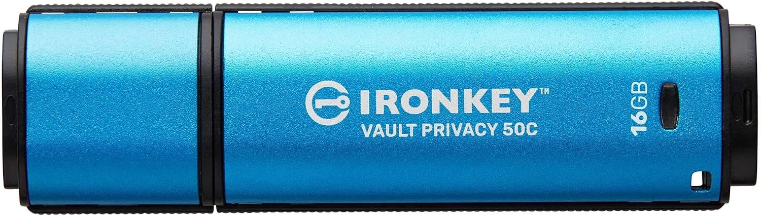 kingston iKVP50C/16GB IronKey Vault Privacy 50 series , usb3 type-C flash drive , FIPS 197 Certified & XTS-AES 256-bit hardware encryption , multi-password option (Admin, User, and One-Time Recovery) , locally managed for small and medium businesses , rugged and waterproof , read/write : 250/180 mb/sec , 77.9x22x12.05mm - 5 years warranty