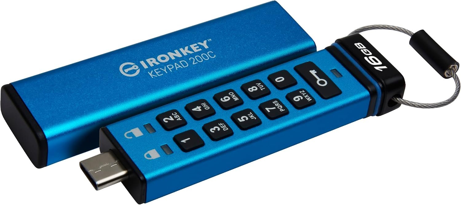 kingston iKKP200C/16GB ironkey KeyPad 200 , 16Gb USB3 type-C flash drive , with hardware-secured lock ( with customizable 10x digit numeric combination lock ) , auto-lock when removed from host device , drive locks down and reformats after 10 invalid login attempts , 256-bit XTS hardware-based AES security on all data , aluminum housing , read/write : 145/115 mb/sec , 80x20x10.5mm - 3 years warranty