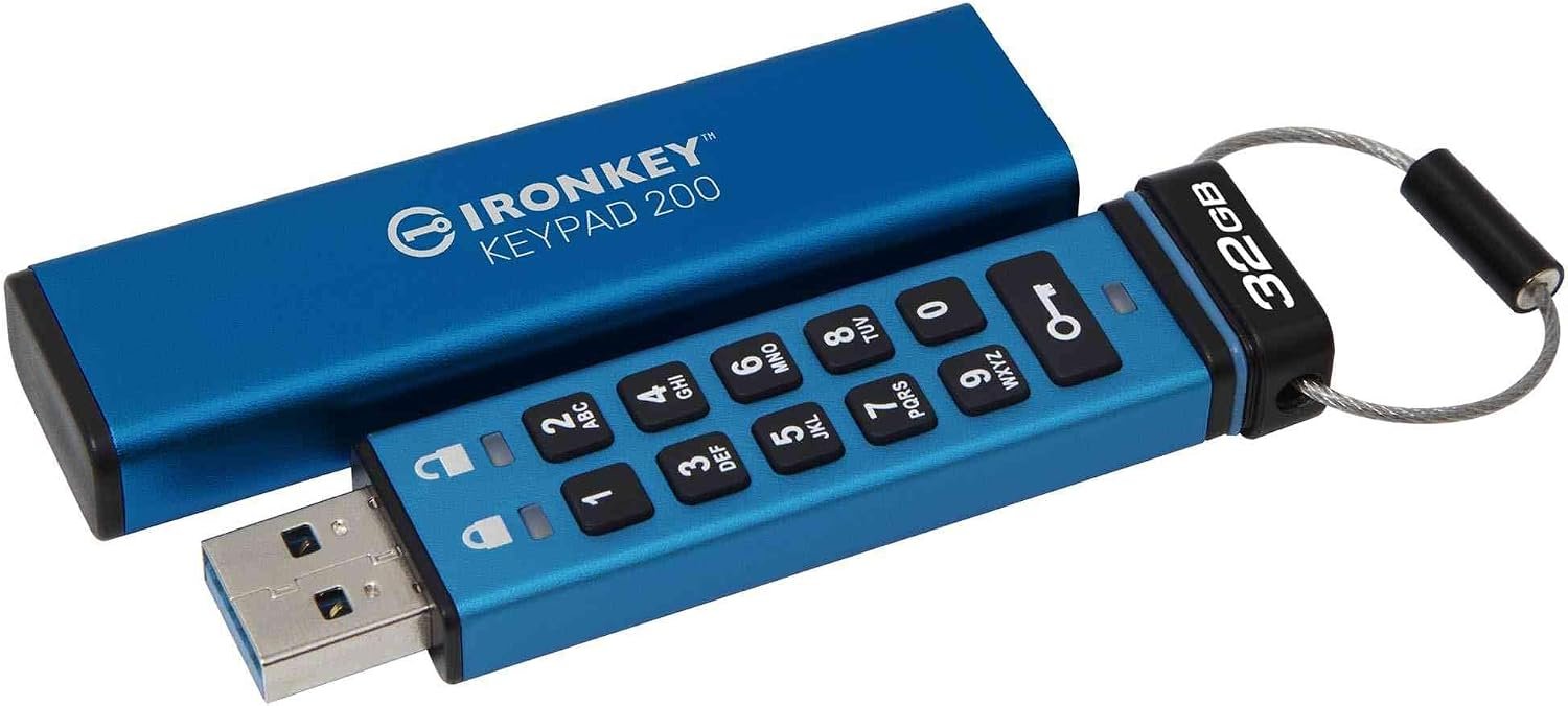 kingston iKKP200/32GB ironkey KeyPad 200 , 32Gb USB3 type-A ( Usb3.0/2.0 backwards compatible ) flash drive , with hardware-secured lock ( with customizable 10x digit numeric combination lock ) , auto-lock when removed from host device , drive locks down and reformats after 10 invalid login attempts , 256-bit XTS hardware-based AES security on all data , aluminum housing , read/write : 145/115 mb/sec , 80x20x10.5mm - 3 years warranty