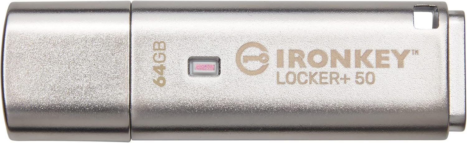 kingston iKLP50/64GB IronKey Locker+ Privacy 50 series , usb3.0 flash drive , hardware-encrypted data security with automatic cloud backup , XTS-AES 256-bit hardware encryption , multi-password option (Admin, User) , complex or passphrase password mode upto 64 characters , read/write : 145/115 mb/sec , 60.6x18.6x9.8mm - 5 years warranty