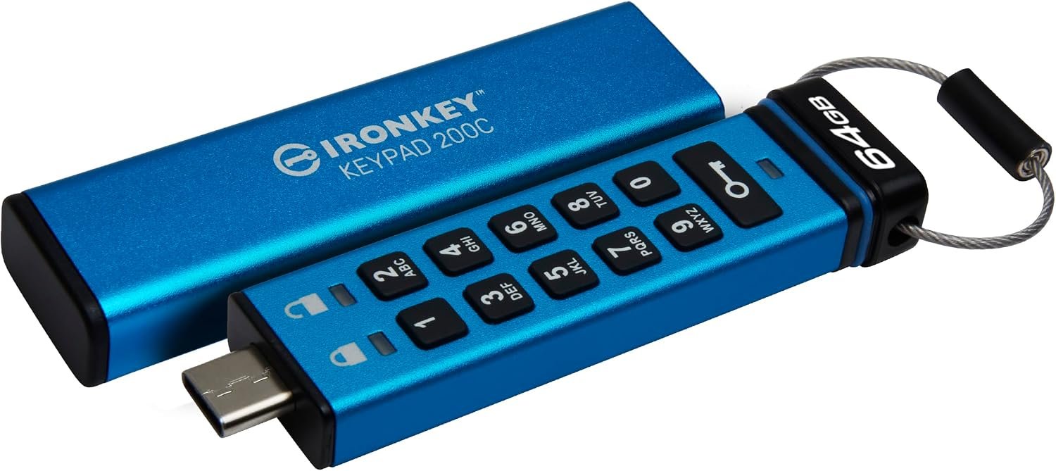 kingston iKKP200C/64GB ironkey KeyPad 200 , 64Gb USB3 type-C flash drive , with hardware-secured lock ( with customizable 10x digit numeric combination lock ) , auto-lock when removed from host device , drive locks down and reformats after 10 invalid login attempts , 256-bit XTS hardware-based AES security on all data , aluminum housing , read/write : 280/200 mb/sec , 80x20x10.5mm - 3 years warranty